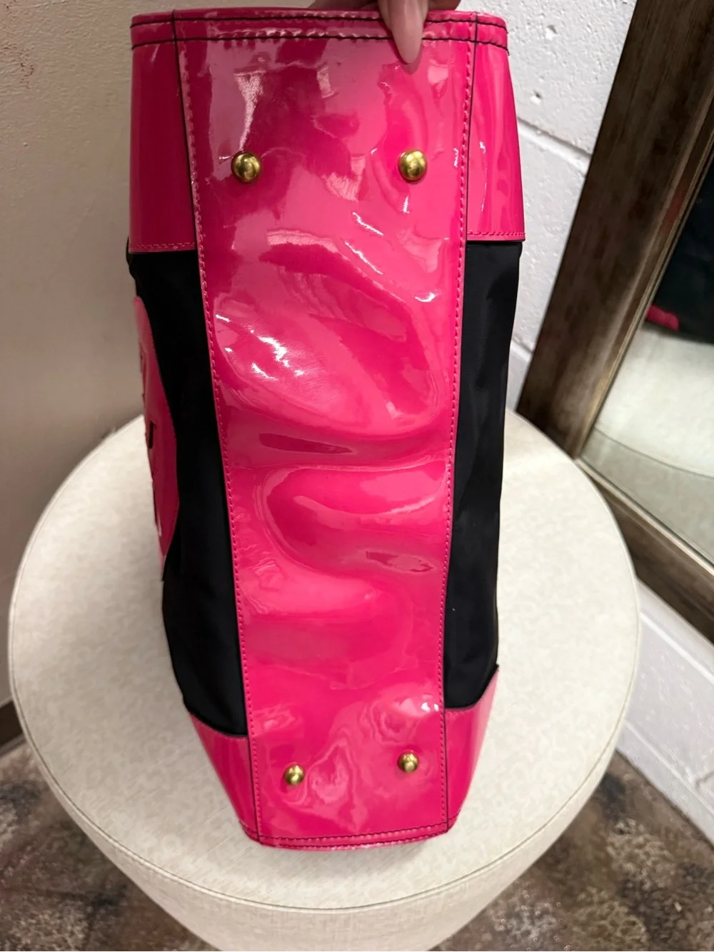 Tory Burch Ella Nylon Tote Black Hot Pink Patent Leather Large Bag